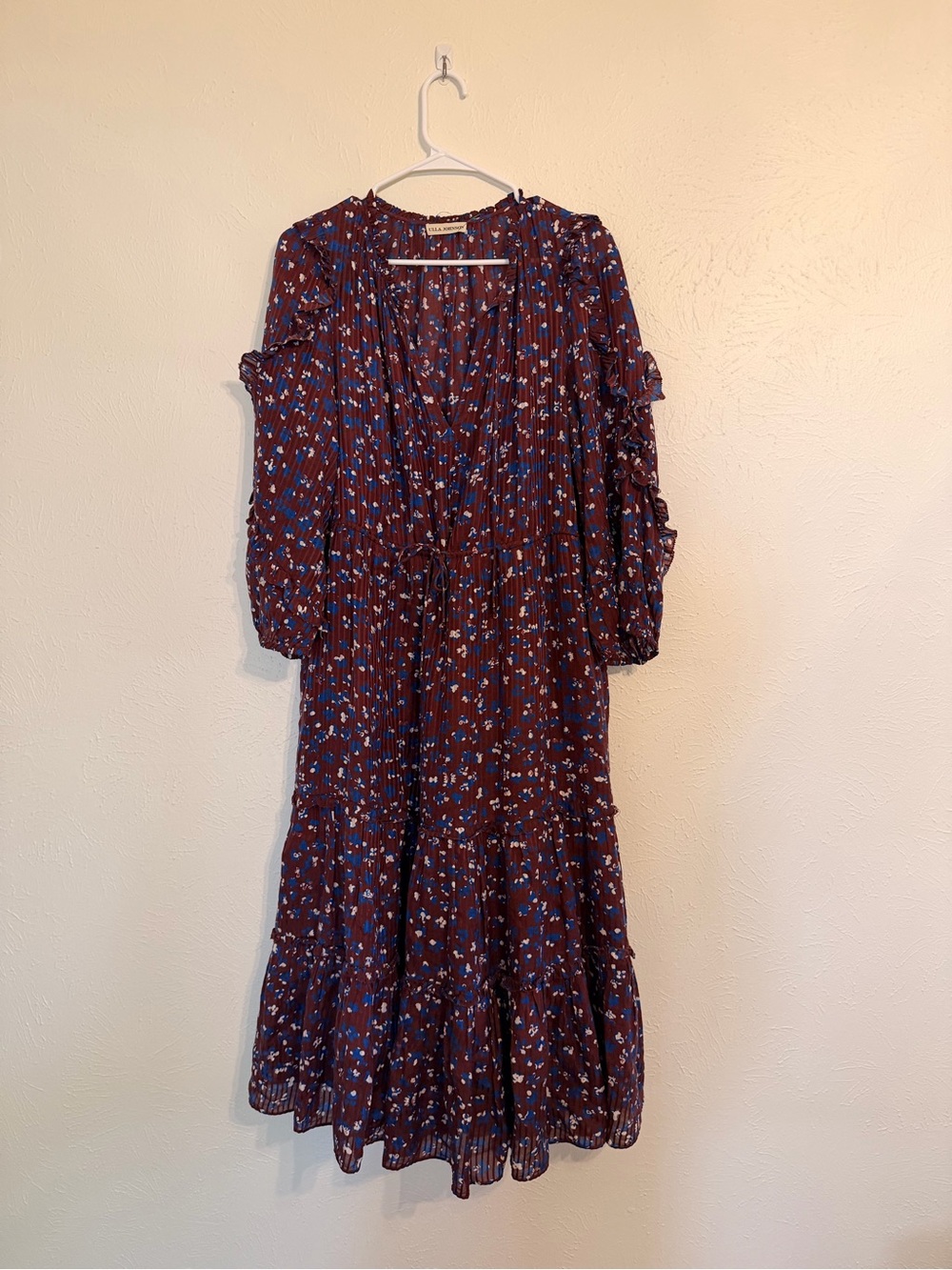 Ulla Johnson Burgundy Maxi Dress with Blue and White Floral Print